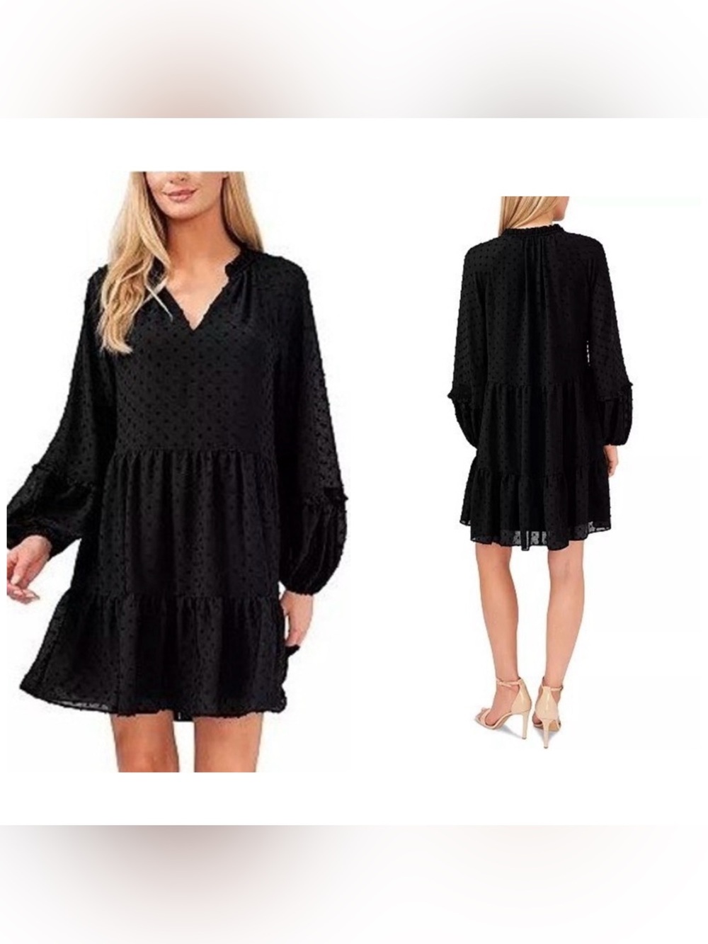 Cece Clip Dot Ruffle Long Sleeve Shift Dress Rich Black Size Large